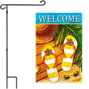 G128 Combo Pack: Garden Flag Stand Black 36x16 Inch & Garden Flag Welcome Summer Sandals Sunglasses 12x18 Inch