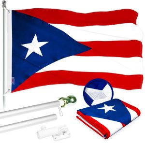 G128 Combo Pack: 5 Ft Tangle Free Aluminum Spinning Flagpole (Silver) & Puerto Rico Puerto Rican Flag 2.5x4 Ft, ToughWeave Series Embroidered 300D Polyester | Pole with Flag Included