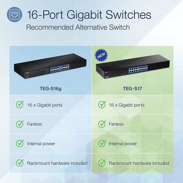 TRENDnet 16-Port Gigabit Switch, TEG-S17, 16 x Gigabit RJ-45 Ports, 32Gbps Switching Capacity, Fanless Design, Metal Enclosure, Internal Power Supply, Lifetime Protection, Black - Image 2