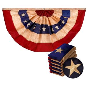 G128 - 5 Pack: USA Tea Stained Pleated Fan Flag 2x4FT Embroidered Polyester Stars and Stripes