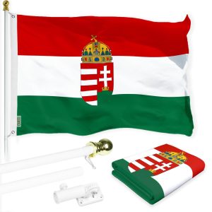 G128 Combo Pack: 6 Ft Tangle Free Spinning Flagpole (White) & Hungary Coat of Arms Flag 3x5 Ft Printed 300D Polyester, Brass Grommets (Flag Included) Aluminum Flag Pole