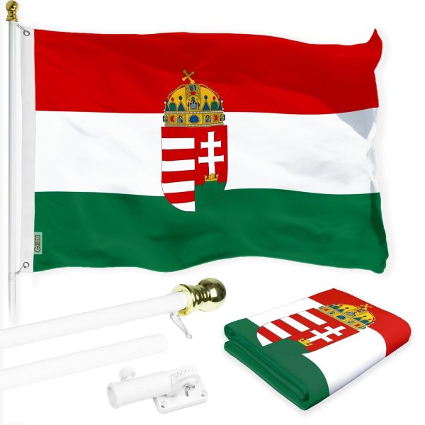G128 Combo Pack: 6 Ft Tangle Free Spinning Flagpole (White) & Hungary Coat of Arms Flag 3x5 Ft Printed 300D Polyester, Brass Grommets (Flag Included) Aluminum Flag Pole