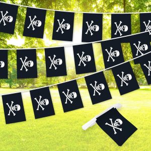 G128 Pirate (Jolly Roger) - Bones Bunting Banner | Flag 8.2 x 5.5 Inch, Full String 33 Feet | Printed 150D Polyester, Decorations For Bar and Festival Events Celebration