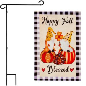 G128 Combo Pack: Garden Flag Stand Black 36 in x 16 in & Garden Flag Fall Decoration Happy Fall Blessed Two Gnomes Sitting on Pumpkins 12"x18" Double-Sided Blockout Fabric