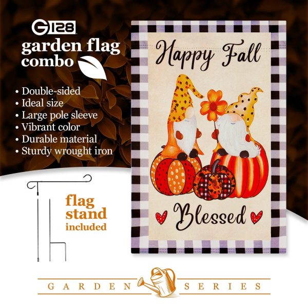 G128 Combo Pack: Garden Flag Stand Black 36 in x 16 in & Garden Flag Fall Decoration Happy Fall Blessed Two Gnomes Sitting on Pumpkins 12"x18" Double-Sided Blockout Fabric - Image 7