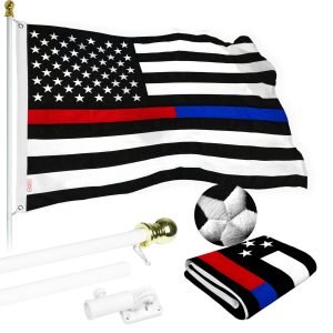 G128 Flag Pole 5 FT White Tangle Free & Thin Blue & Red Flag 2.5x4 FT Combo Embroidered Spun Polyester