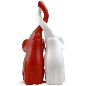 Pair of Elephants Polystone Figurine Sculpture Statue Collectible Art 25 cm (White red)