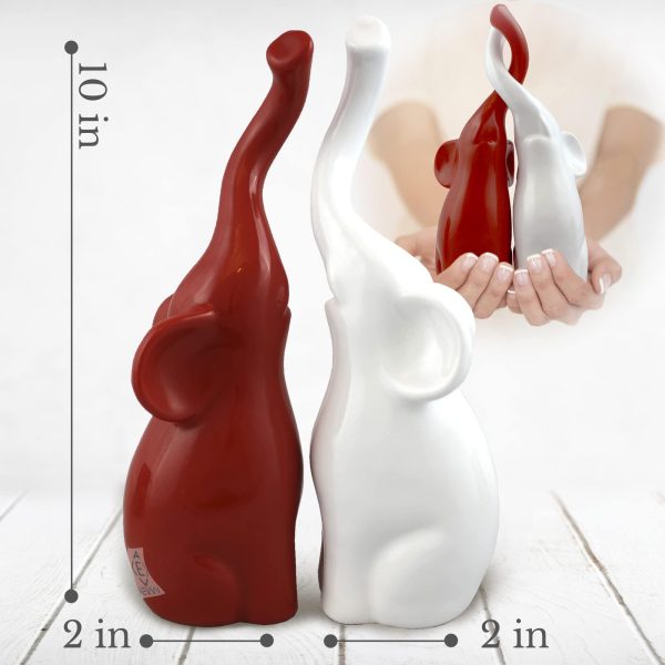 Pair of Elephants Polystone Figurine Sculpture Statue Collectible Art 25 cm (White red) - Image 3
