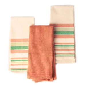 The Fine Living Co. Decorative Kitchen Towels Set of 3 Recycled Cotton Waffle Weave Dish Towels for Drying Dishes 28x18 inch Red and Green Absorbent Tea Towels | Boho Stripe Design | Eco Friendly