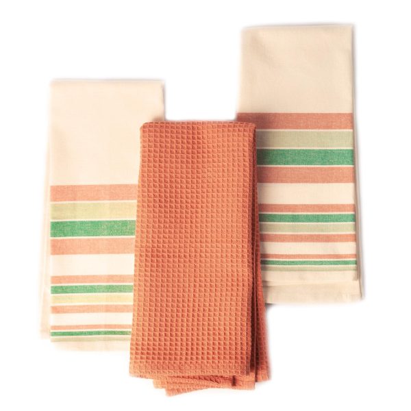 The Fine Living Co. Decorative Kitchen Towels Set of 3 Recycled Cotton Waffle Weave Dish Towels for Drying Dishes 28x18 inch Red and Green  Absorbent Tea Towels | Boho Stripe Design | Eco Friendly