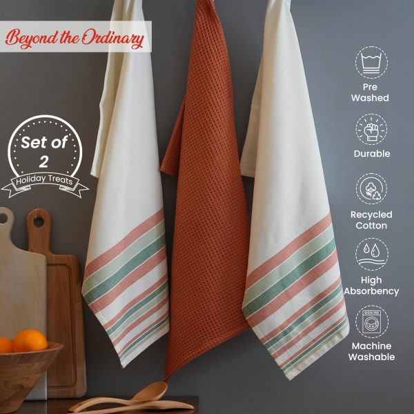 The Fine Living Co. Decorative Kitchen Towels Set of 3 Recycled Cotton Waffle Weave Dish Towels for Drying Dishes 28x18 inch Red and Green  Absorbent Tea Towels | Boho Stripe Design | Eco Friendly - Image 2