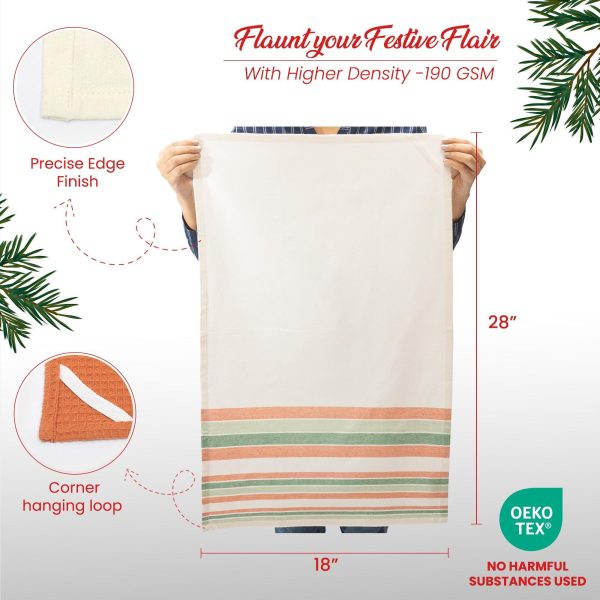 The Fine Living Co. Decorative Kitchen Towels Set of 3 Recycled Cotton Waffle Weave Dish Towels for Drying Dishes 28x18 inch Red and Green  Absorbent Tea Towels | Boho Stripe Design | Eco Friendly - Image 3