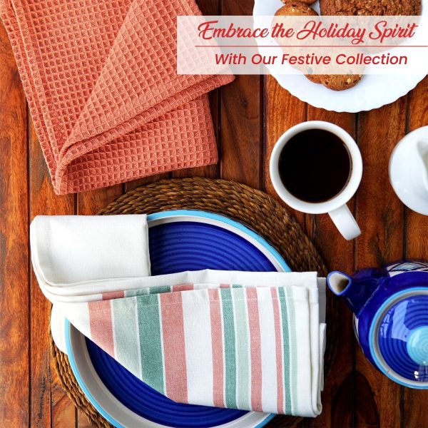 The Fine Living Co. Decorative Kitchen Towels Set of 3 Recycled Cotton Waffle Weave Dish Towels for Drying Dishes 28x18 inch Red and Green  Absorbent Tea Towels | Boho Stripe Design | Eco Friendly - Image 4
