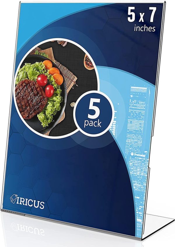5 Pack Acrylic Sign Holders 5x7 inch   Plastic Stands for Display   5 X 7 Acrylic Sign Holder with Vertical Slanted Back   Clear Plastic Sign Holder Paper Display Table Stand Flyer Document Paper