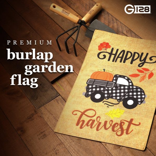 G128 Garden Flag Happy Harvest Pumpkin in Truck Bed | 12x18 Inch | Printed Burlap Polyester - Fall Decoration - Image 2