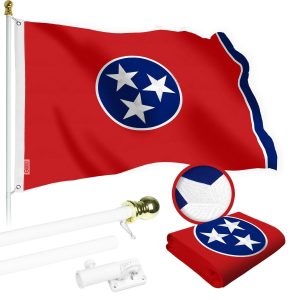 G128 Combo Pack: 5 Ft Tangle Free Spinning Flagpole (White) & Tennessee Flag 2x3 Ft Embroidered 220GSM Spun Polyester, Brass Grommets (Flag Included) Aluminum Flag Pole