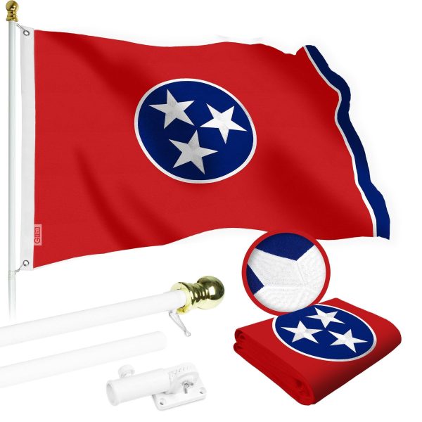 G128 Combo Pack: 5 Ft Tangle Free Spinning Flagpole (White) & Tennessee Flag 2x3 Ft Embroidered 220GSM Spun Polyester, Brass Grommets (Flag Included) Aluminum Flag Pole