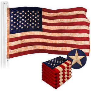 G128 5 Pack: American USA Tea-Stained Flag | 1x1.5 Ft | ToughWeave Pro Series Embroidered 420D Polyester | Embroidered Stars, Sewn Stripes, Indoor/Outdoor, Brass Grommets