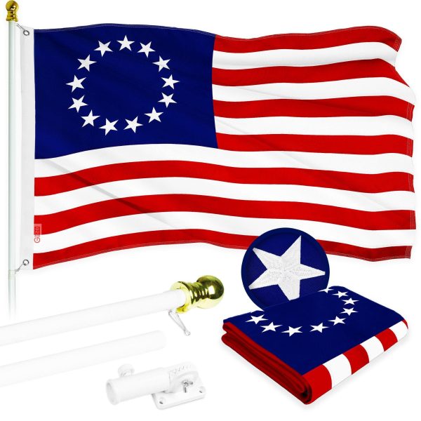 G128 Combo Pack: 6 Ft Tangle Free Aluminum Spinning Flagpole (White) & Betsy Ross Flag 3x5 Ft, ToughWeave Series Embroidered 300D Polyester | Pole with Flag Included