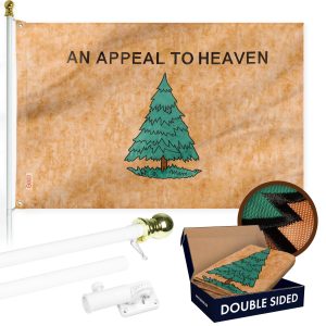 G128 Combo Pack: 6 Ft Tangle Free Aluminum Spinning Flagpole (White) & An Appeal to Heaven Tea-Stained Flag 3x5 Ft, Double ToughWeave Pro Series DS Embroidered 420D Polyester | Pole with Flag Included