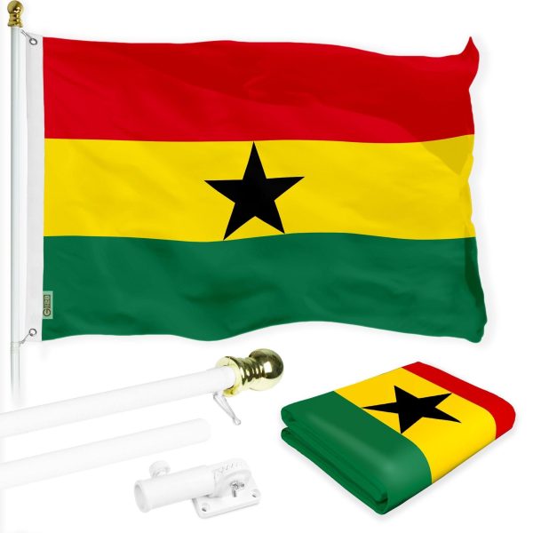 G128 Combo Pack: 6 Ft Tangle Free Spinning Flagpole (White) & Ghana Flag 3x5 Ft Printed 150D Polyester, Brass Grommets (Flag Included) Aluminum Flag Pole