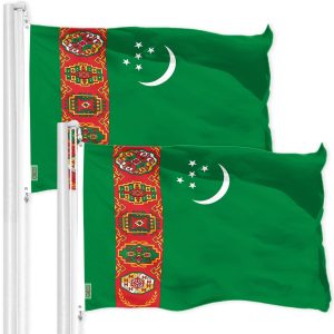 G128 2 Pack: Turkmenistan Turkmenistani Flag | 3x5 Ft | Printed 150D Polyester - Indoor/Outdoor, Vibrant Colors, Brass Grommets, Quality Polyester, Much Thicker More Durable Than 100D 75D Polyester