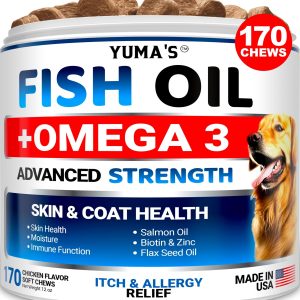 Omega 3 Fish Oil for Dogs   170 Chews   Skin and Coat Supplement   Omega 3 for Dogs   Dry & Itchy Skin Relief Treatment   Allergy Support   Dog Anti Shedding Treats   Shiny Coats   EPA & DHA   Salmon