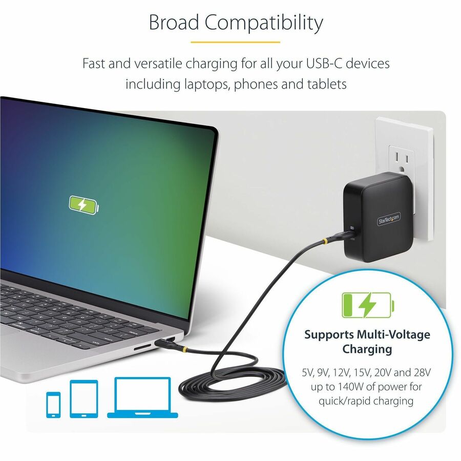 StarTech.com 140W USB-C Wall Charger, USB-IF Certified, PD 3.1 Portable GaN Charging Power Adapter, 6ft/1.8m USB-C to USB-C Cable - Image 6