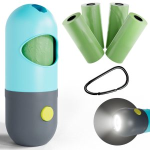 Dog Poop Bag Dispenser with 4 Rolls of 15 Bags in Each. Green Dog Poop Bag Holder with Flashlight for Leash. Plastic Dog Bag Dispenser with Carabiner Clip. Doggy Poop Bags Holder for Walking