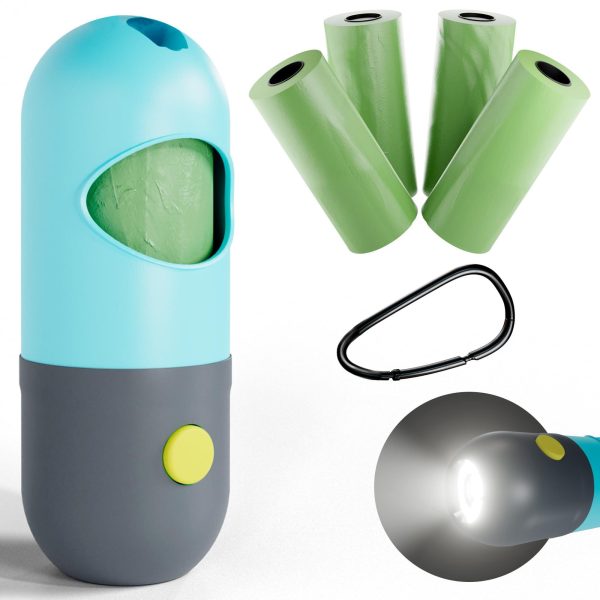 Dog Poop Bag Dispenser with 4 Rolls of 15 Bags in Each. Green Dog Poop Bag Holder with Flashlight for Leash. Plastic Dog Bag Dispenser with Carabiner Clip. Doggy Poop Bags Holder for Walking