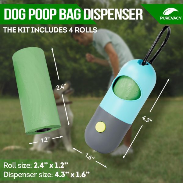 Dog Poop Bag Dispenser with 4 Rolls of 15 Bags in Each. Green Dog Poop Bag Holder with Flashlight for Leash. Plastic Dog Bag Dispenser with Carabiner Clip. Doggy Poop Bags Holder for Walking - Image 2