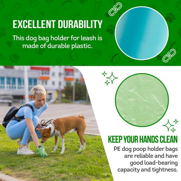 Dog Poop Bag Dispenser with 4 Rolls of 15 Bags in Each. Green Dog Poop Bag Holder with Flashlight for Leash. Plastic Dog Bag Dispenser with Carabiner Clip. Doggy Poop Bags Holder for Walking - Image 3