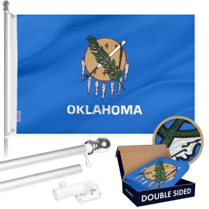 G128 Combo Pack: 6 Ft Tangle Free Aluminum Spinning Flagpole (Silver) & Oklahoma OK State Flag 3x5 Ft, Double ToughWeave Series Double Sided Embroidered 210D Polyester | Pole with Flag Included