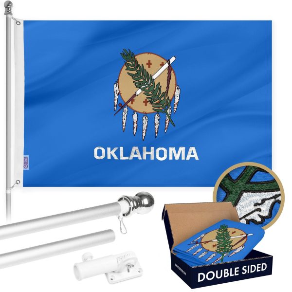 G128 Combo Pack: 6 Ft Tangle Free Aluminum Spinning Flagpole (Silver) & Oklahoma OK State Flag 3x5 Ft, Double ToughWeave Series Double Sided Embroidered 210D Polyester | Pole with Flag Included