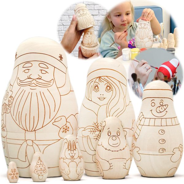 AEVVV Unfinished Russian Christmas Crafts Set 7 pcs   Unpainted Christmas Nesting Dolls Blank   Paint Your Own Matryoshka Father Frost Snow Maiden Snowman