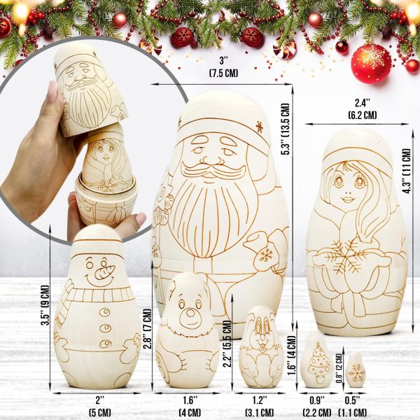 AEVVV Unfinished Russian Christmas Crafts Set 7 pcs   Unpainted Christmas Nesting Dolls Blank   Paint Your Own Matryoshka Father Frost Snow Maiden Snowman - Image 2
