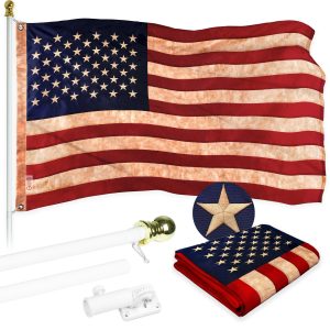 G128 Combo Pack: 6 Ft Tangle Free Aluminum Spinning Flagpole (White) & USA Tea-Stained Flag 3x5 Ft, ToughWeave Pro Series Embroidered 420D Polyester | Pole with Flag Included