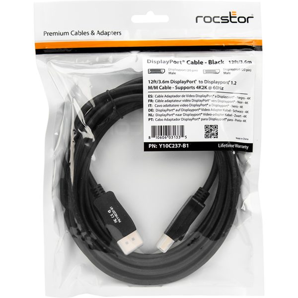 Rocstor Premium 12ft / 4m DisplayPort 1.2 Cable M/M - DisplayPort 4k - DisplayPort Male Digital Audio/Video - 12ft - Black- DP TO DP Cable 4Kx2K - Image 9