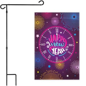G128 Combo Pack: Garden Flag Stand Black 36x16 Inch & Garden Flag Happy New Year Midnight Clock 12x18 Inch