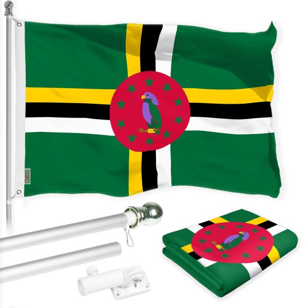 G128 Combo Pack: 6 Ft Tangle Free Aluminum Spinning Flagpole (Silver) & Dominica Dominican Flag 3x5 Ft, LiteWeave Pro Series Printed 150D Polyester | Pole with Flag Included