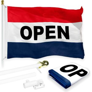 G128 Combo Pack: 6 Feet Tangle Free Spinning Flagpole (White) Open Flag 3x5 ft Printed 150D Brass Grommets (Flag Included) Aluminum Flag Pole