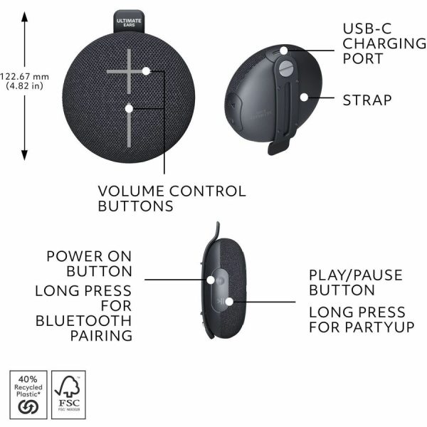 ULTIMATE EARS MINIROLL Ultra-Portable Waterproof Bluetooth Speaker, Big Bass, IP67 Dustproof, 131 ft (40 m) Range - Gentle Black - Image 7