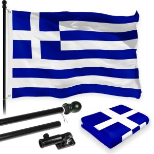 G128 Combo Pack: 6 Feet Tangle Free Spinning Flagpole (Black) Greece Greek Flag 3x5 ft Printed 150D Brass Grommets (Flag Included) Aluminum Flag Pole