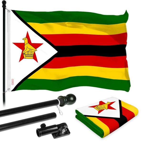 G128 Combo Pack: 6 Ft Tangle Free Aluminum Spinning Flagpole (Black) & Zimbabwe Zimbabwean Flag 3x5 Ft, LiteWeave Pro Series Printed 150D Polyester | Pole with Flag Included