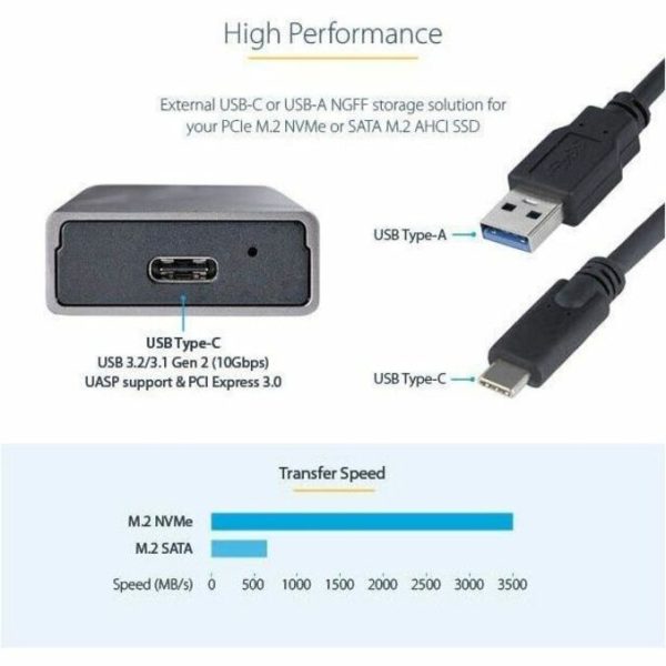 StarTech.com USB-C 10Gbps to M.2 NVMe or M.2 SATA SSD Enclosure, Tool-free M.2 PCIe/SATA SSD Aluminum Enclosure, USB-C & USB-A Host Cables - Image 2