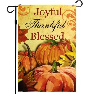 G128 - Home Decorative Thanksgiving Garden Flag, Joyful Thankful and Blessed Quote with Pumpkins and Maple Leaves Decorations, | 12x18 Inch | Printed 150D Polyester - Rustic Holiday Seasonal Outdoor Flag