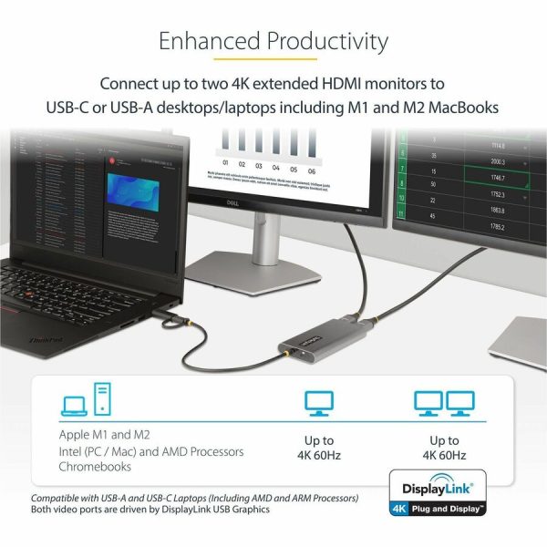 StarTech.com USB-C to Dual-HDMI Adapter, USB-C/A to 2x HDMI, 4K 60Hz, 100W PD Pass-Through, 1ft/30cm Built-in Cable, USB to HDMI Converter - Image 2