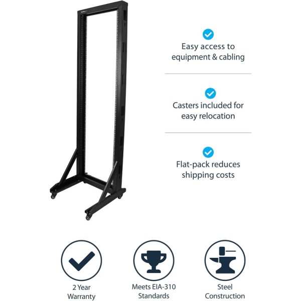 StarTech.com 2-Post 42U Mobile Open Frame Server Rack, Two Post 19in Network Rack with Casters, Rolling Open Rack for AV/Data/IT Equipment - Image 6
