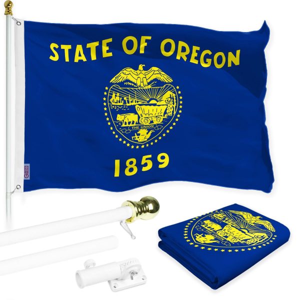 G128 Combo Pack: 6 Ft Tangle Free Spinning Flagpole (White) & Oregon Double Sided Flag 3x5 Ft Printed 150D Polyester, Brass Grommets (Flag Included) Aluminum Flag Pole