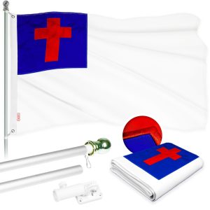 G128 Combo Pack: 5 Ft Tangle Free Aluminum Spinning Flagpole (Silver) & Christian Flag 2.5x4 Ft, ToughWeave Series Embroidered 300D Polyester | Pole with Flag Included